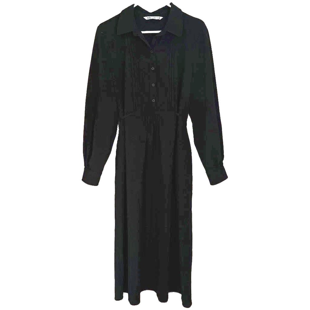 ZARA Black LS Button Front Midi Dress XL Pleated Collar Minimalist Office Modest